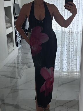 Sincerely Jules Black Halter Maxi Dress with Pink Floral Print
